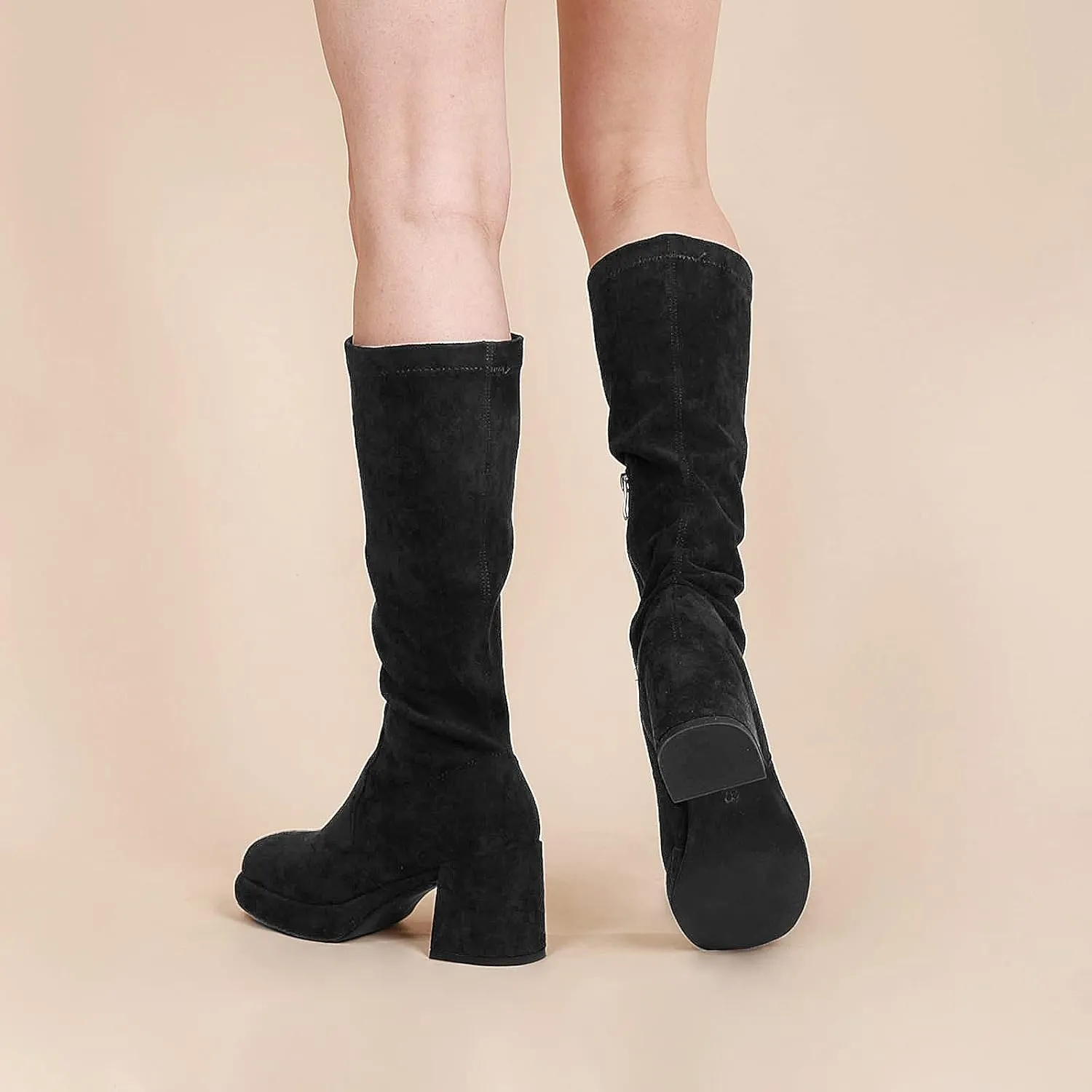 LanreyTaley Women's Knee-High Black Leather Boots with Chunky Platform Heels and Zipper Closure