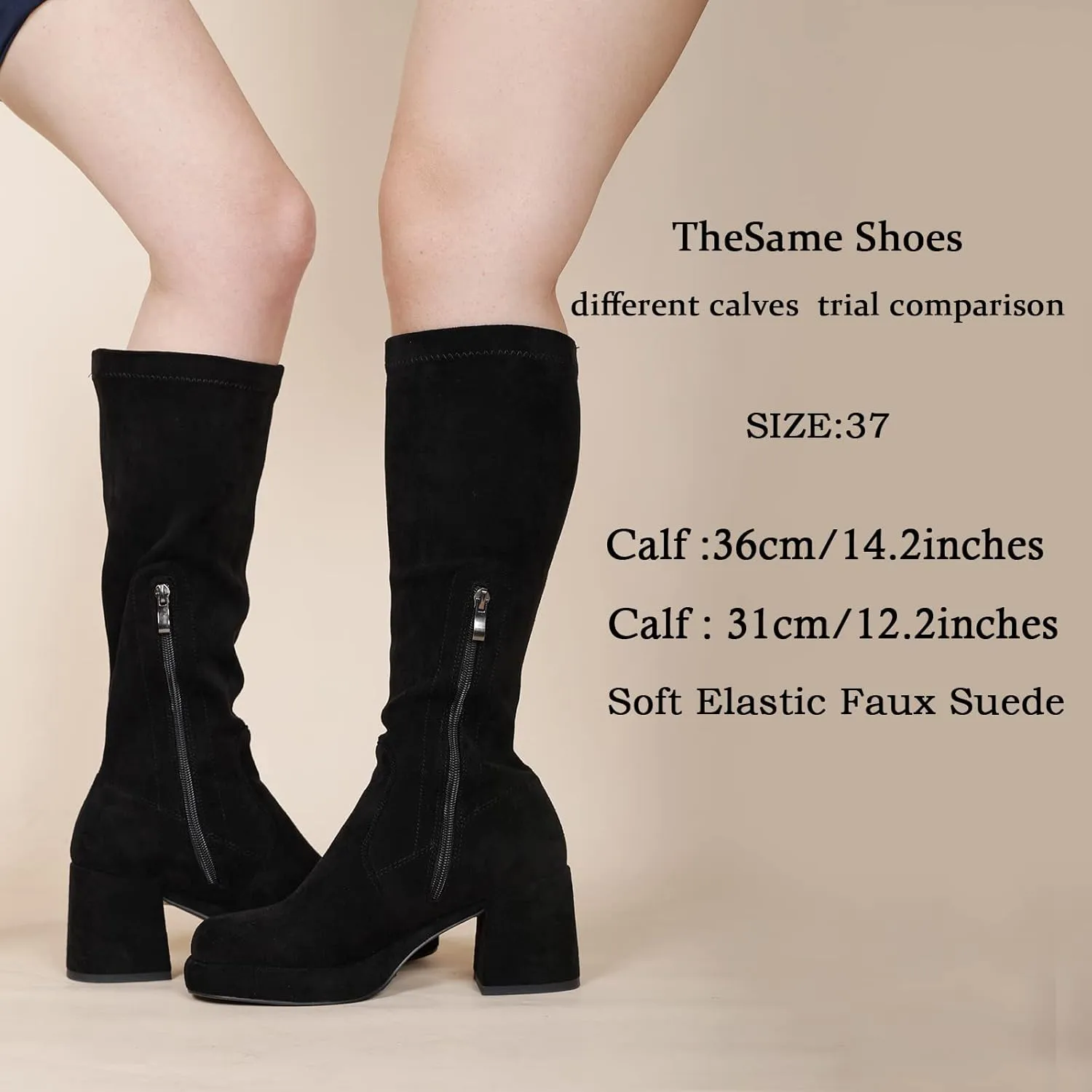 LanreyTaley Women's Knee-High Black Leather Boots with Chunky Platform Heels and Zipper Closure