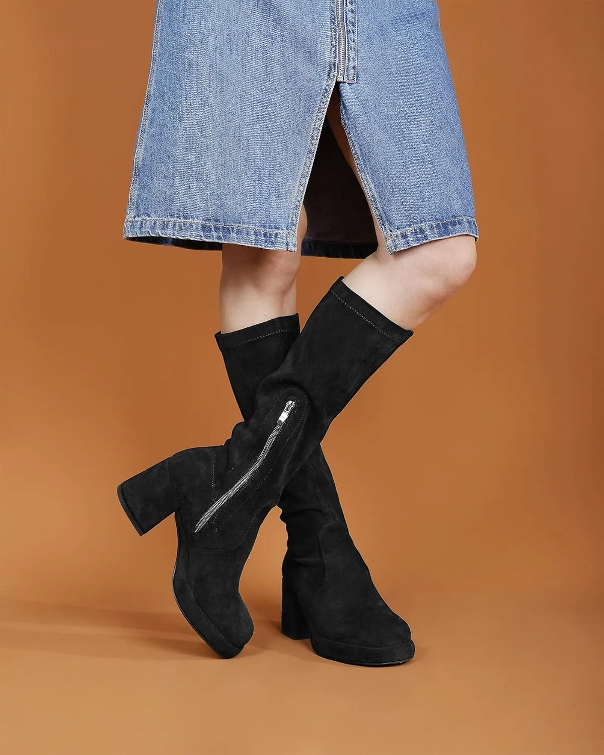 LanreyTaley Women's Knee-High Black Leather Boots with Chunky Platform Heels and Zipper Closure