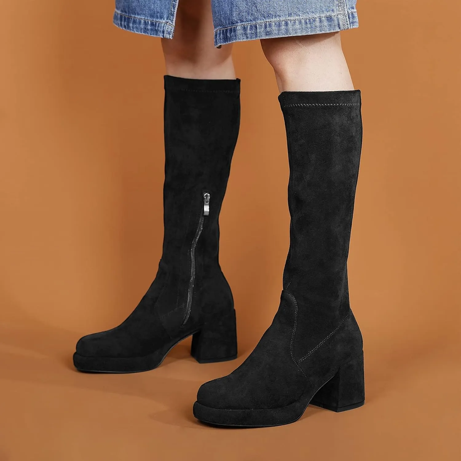 LanreyTaley Women's Knee-High Black Leather Boots with Chunky Platform Heels and Zipper Closure