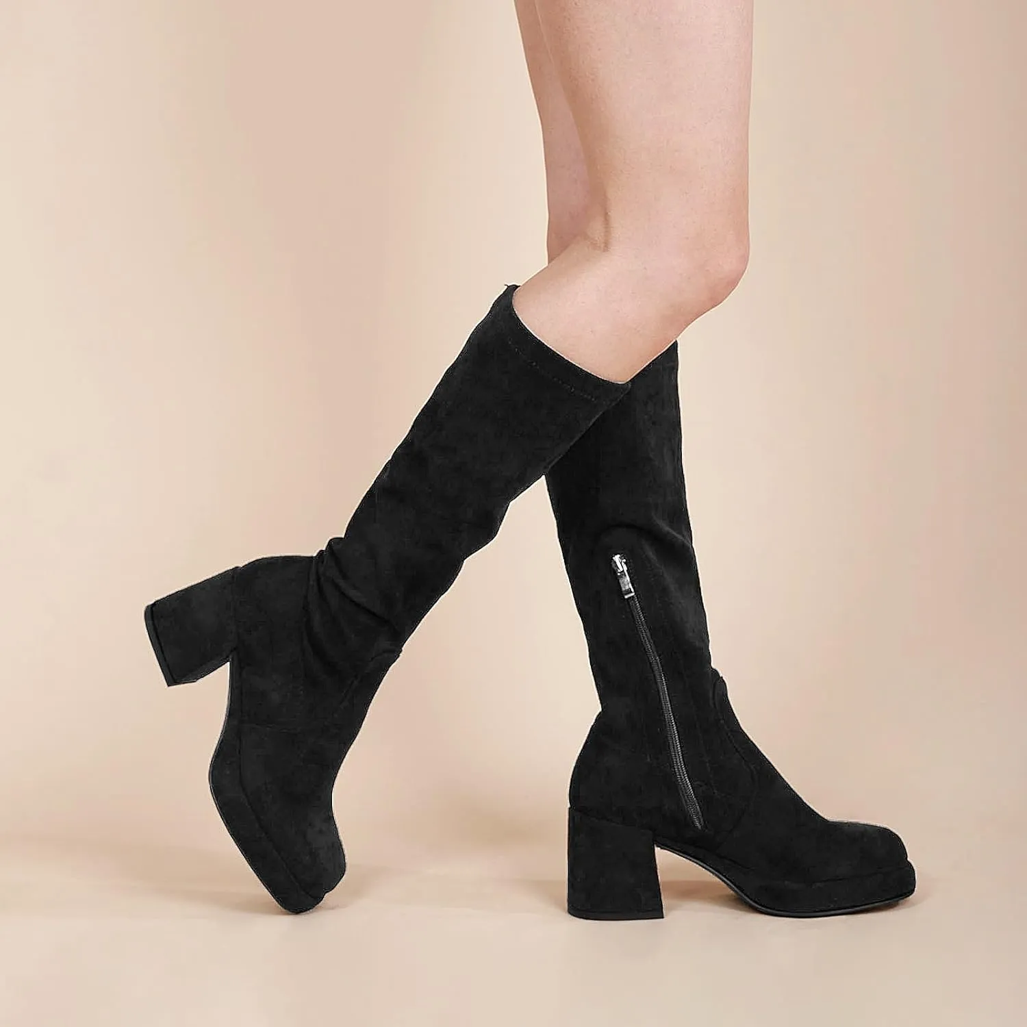 LanreyTaley Women's Knee-High Black Leather Boots with Chunky Platform Heels and Zipper Closure