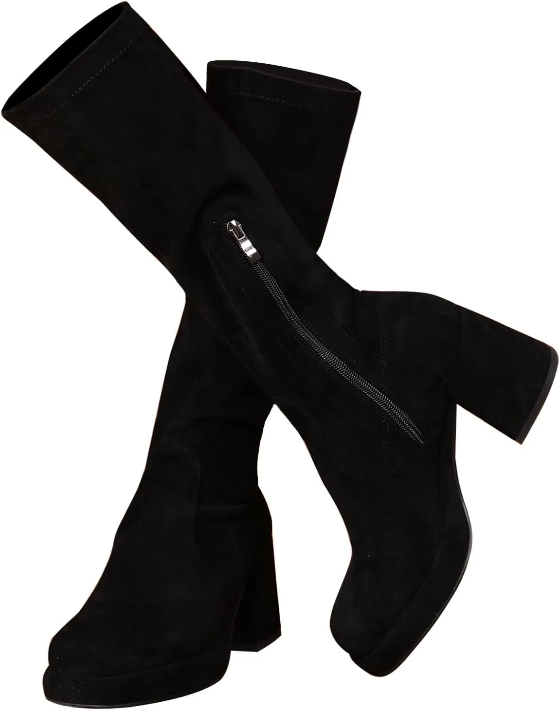 LanreyTaley Women's Knee-High Black Leather Boots with Chunky Platform Heels and Zipper Closure