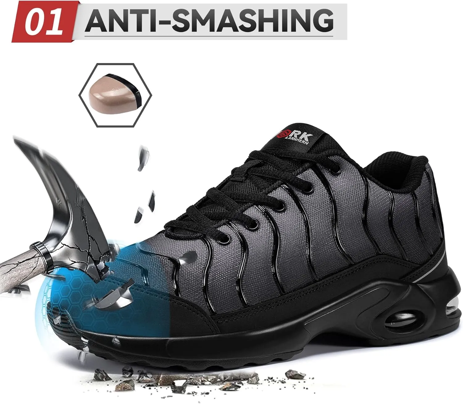 LARNMERN Air Cushion Steel Toe Shoes for Men Wide Women Lightweight Puncture Proof Work Safety Sneakers Breathable Slip Resistant Tennis Shoe