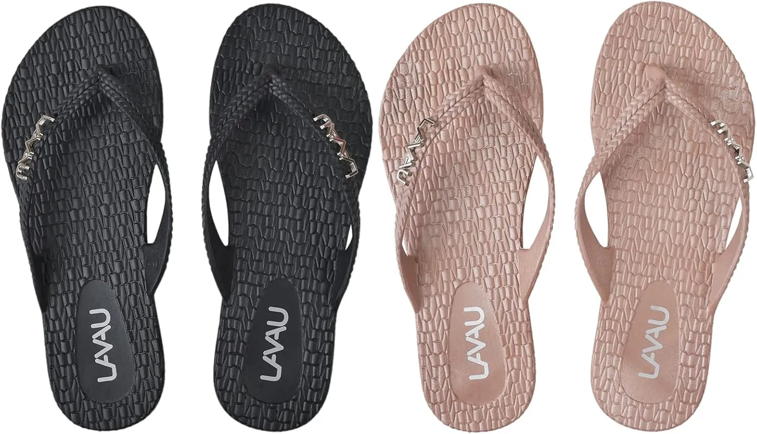 LAVAU Beach Flip Flops for Women 2 Pairs, Waterproof Non Slip Thong Sandals for Shower Beach Pool, 100% Recyclable
