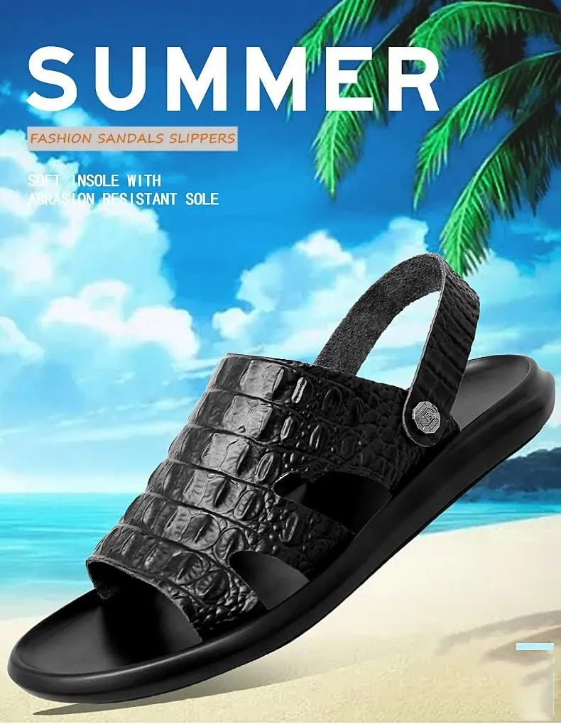 Leather Sandals Men Cowhide Slippers Anti-skid Beach Shoes Black Sandals Sneakers