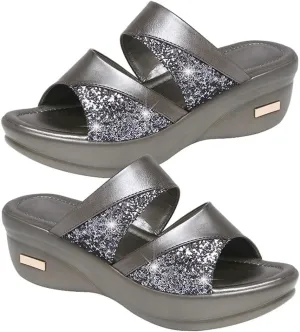 LIFKOME 1 Pair On Sandals Heels Casual Outdoor Platform Shoes Single Band Fish Mouth Slipper Black Open Flat Sandal Wedge Women's Sequins