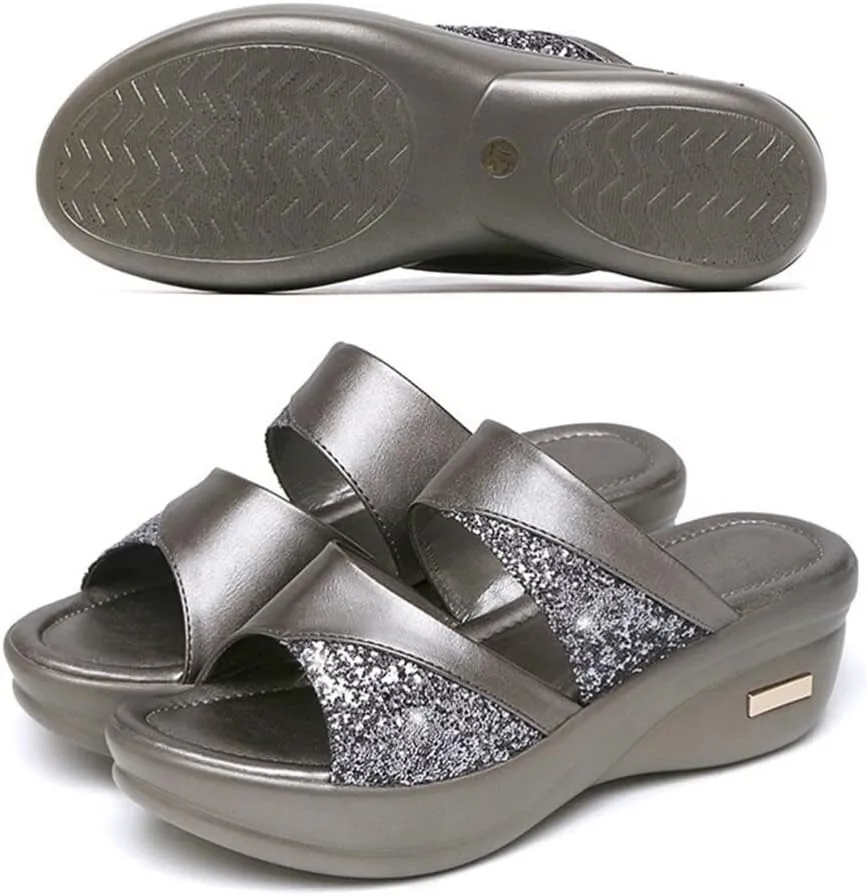 LIFKOME 1 Pair On Sandals Heels Casual Outdoor Platform Shoes Single Band Fish Mouth Slipper Black Open Flat Sandal Wedge Women's Sequins