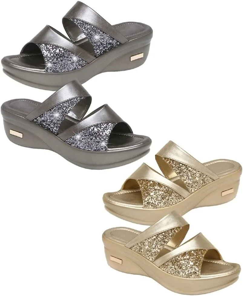 LIFKOME 1 Pair On Sandals Heels Casual Outdoor Platform Shoes Single Band Fish Mouth Slipper Black Open Flat Sandal Wedge Women's Sequins