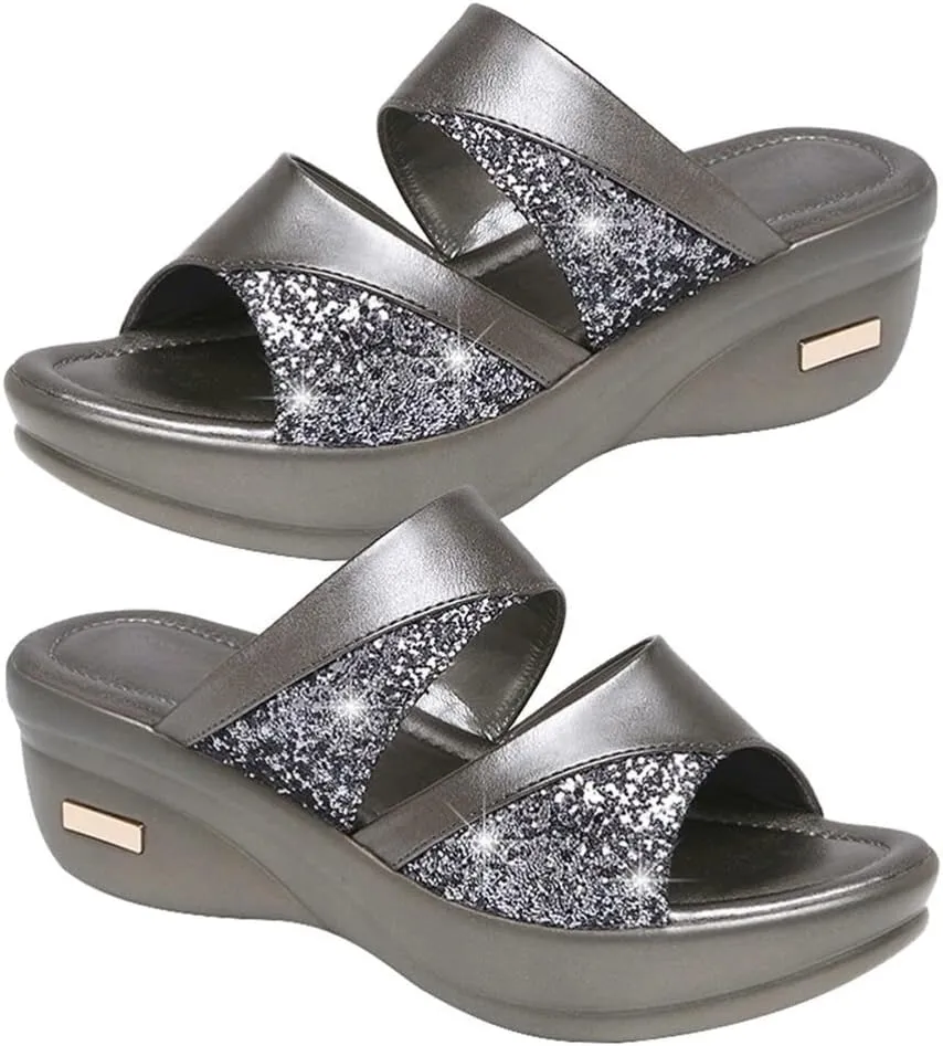 LIFKOME 1 Pair On Sandals Heels Casual Outdoor Platform Shoes Single Band Fish Mouth Slipper Black Open Flat Sandal Wedge Women's Sequins