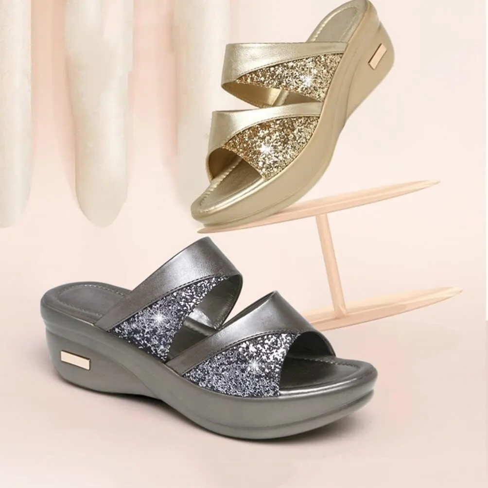 LIFKOME 1 Pair On Sandals Heels Casual Outdoor Platform Shoes Single Band Fish Mouth Slipper Black Open Flat Sandal Wedge Women's Sequins