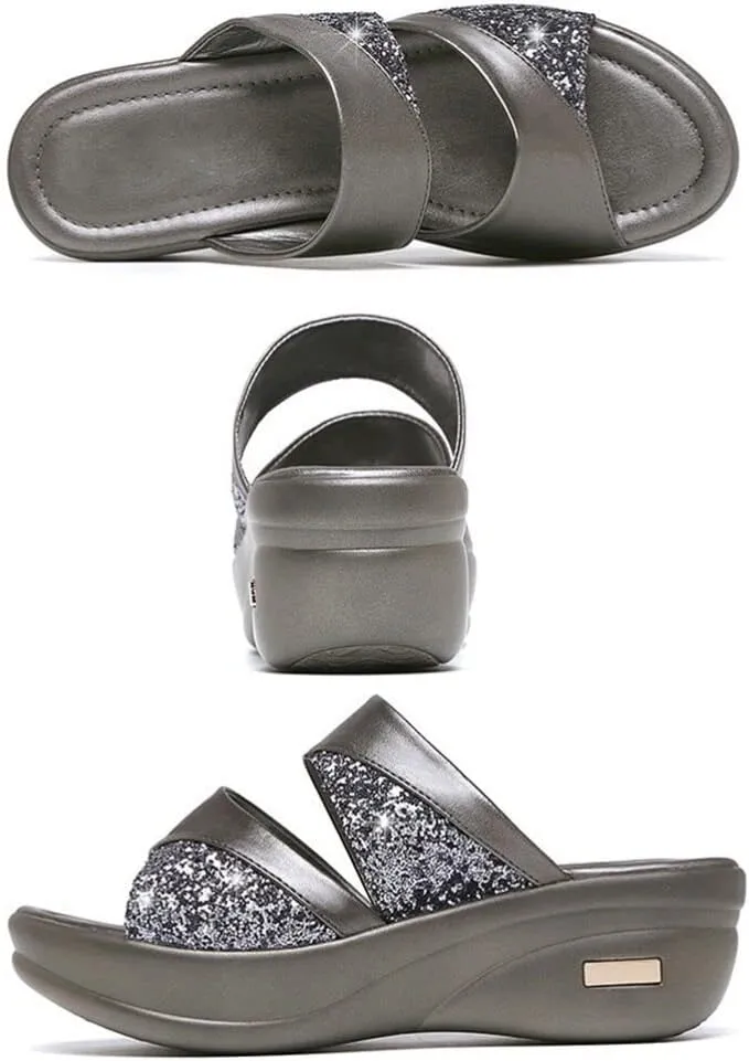 LIFKOME 1 Pair On Sandals Heels Casual Outdoor Platform Shoes Single Band Fish Mouth Slipper Black Open Flat Sandal Wedge Women's Sequins
