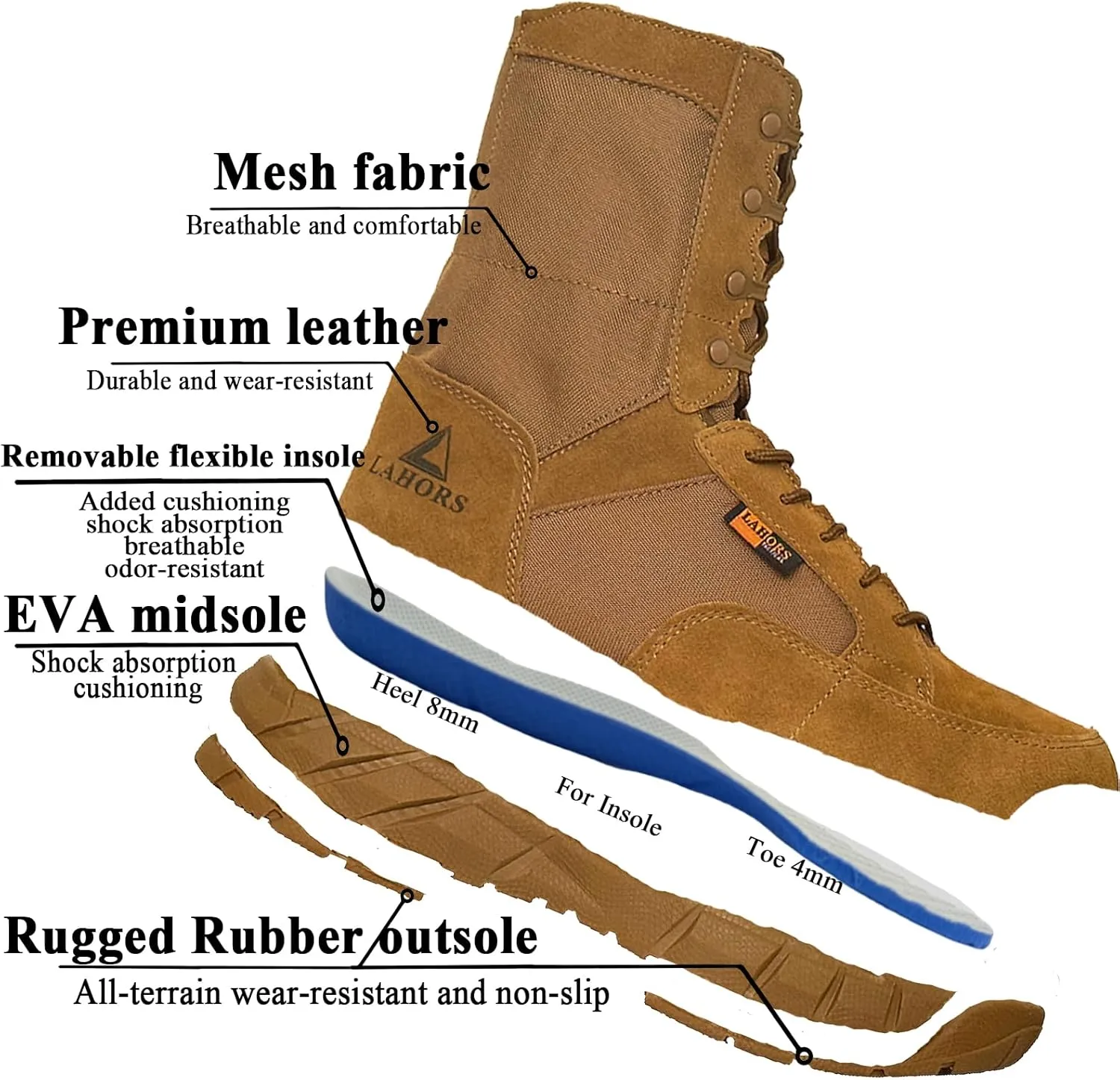 Lightweight Mens Tactical Shoes Combat Boots Coyote Brown Boots Military Training Lace Up Outdoor Hiking Breathable Army Shoe Side Zipper