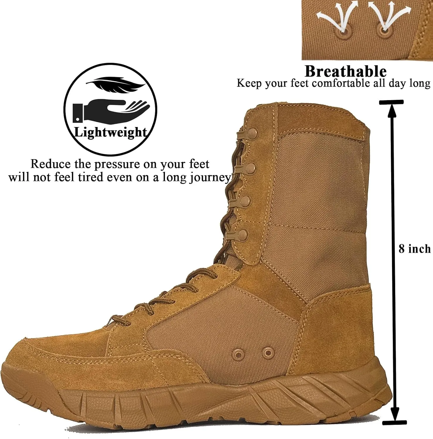 Lightweight Mens Tactical Shoes Combat Boots Coyote Brown Boots Military Training Lace Up Outdoor Hiking Breathable Army Shoe Side Zipper