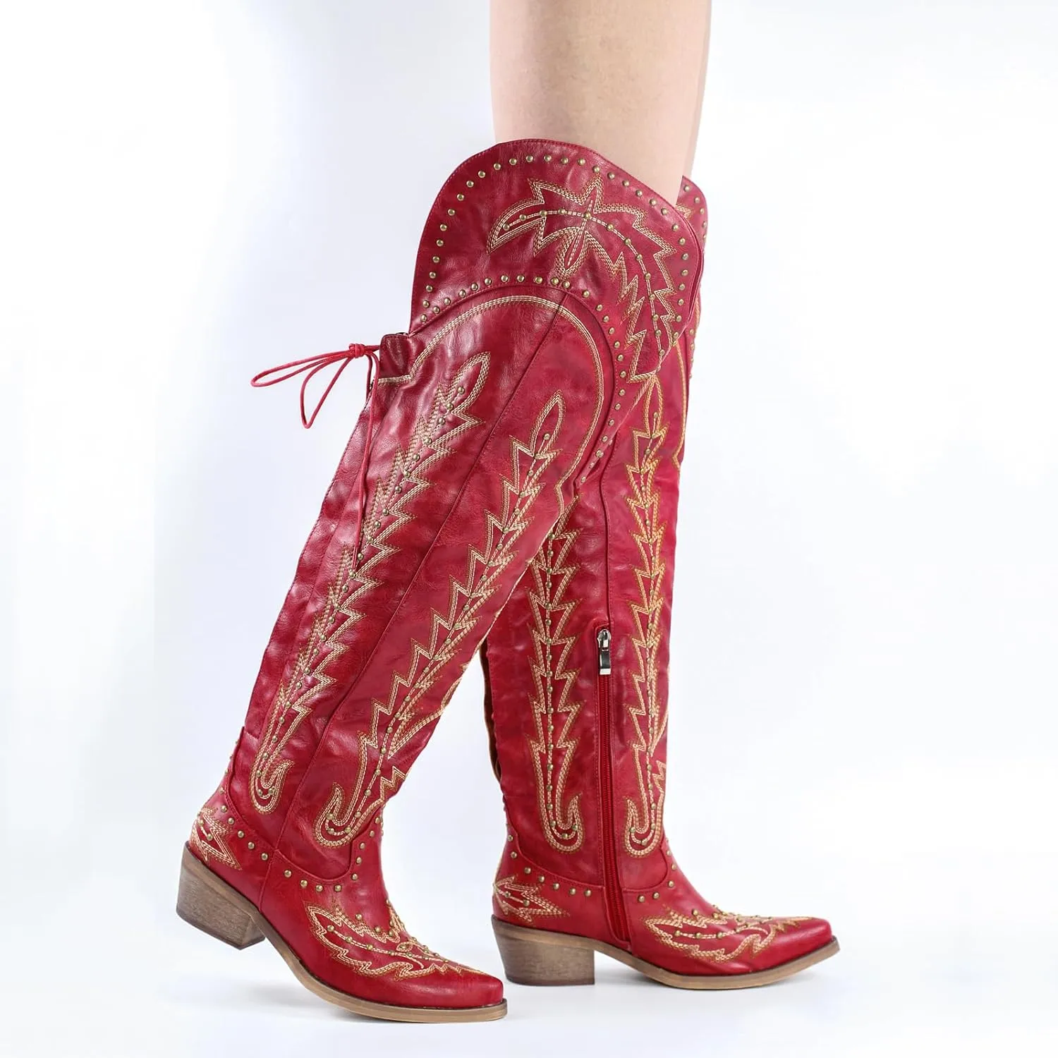 LISHAN Women's Western Cowboy Cowgirl Boots Thigh High Embroidered Block Heels Faux Leather Back Lace Up Shoes