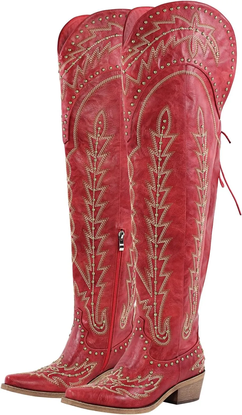 LISHAN Women's Western Cowboy Cowgirl Boots Thigh High Embroidered Block Heels Faux Leather Back Lace Up Shoes