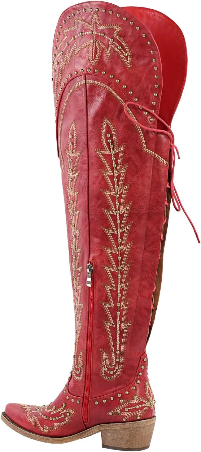 LISHAN Women's Western Cowboy Cowgirl Boots Thigh High Embroidered Block Heels Faux Leather Back Lace Up Shoes