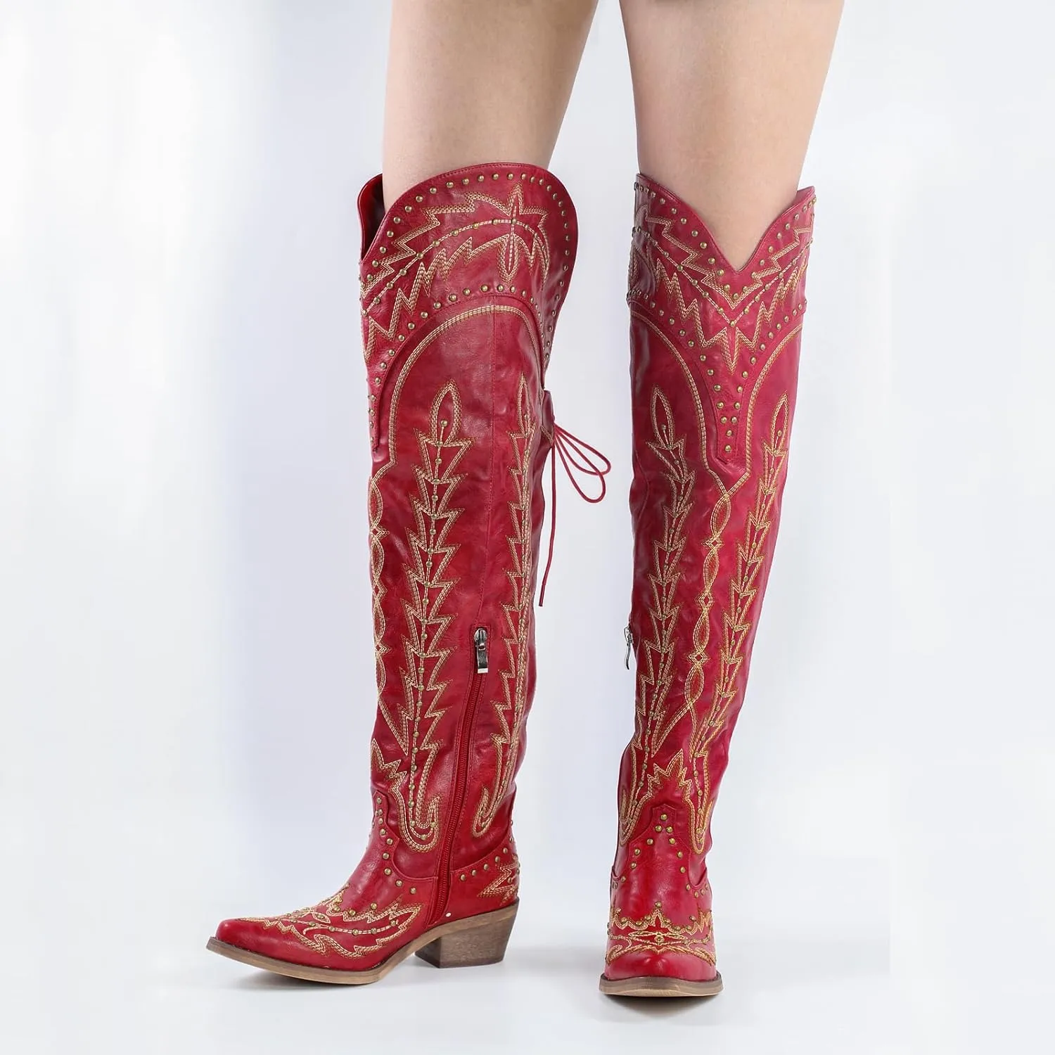 LISHAN Women's Western Cowboy Cowgirl Boots Thigh High Embroidered Block Heels Faux Leather Back Lace Up Shoes