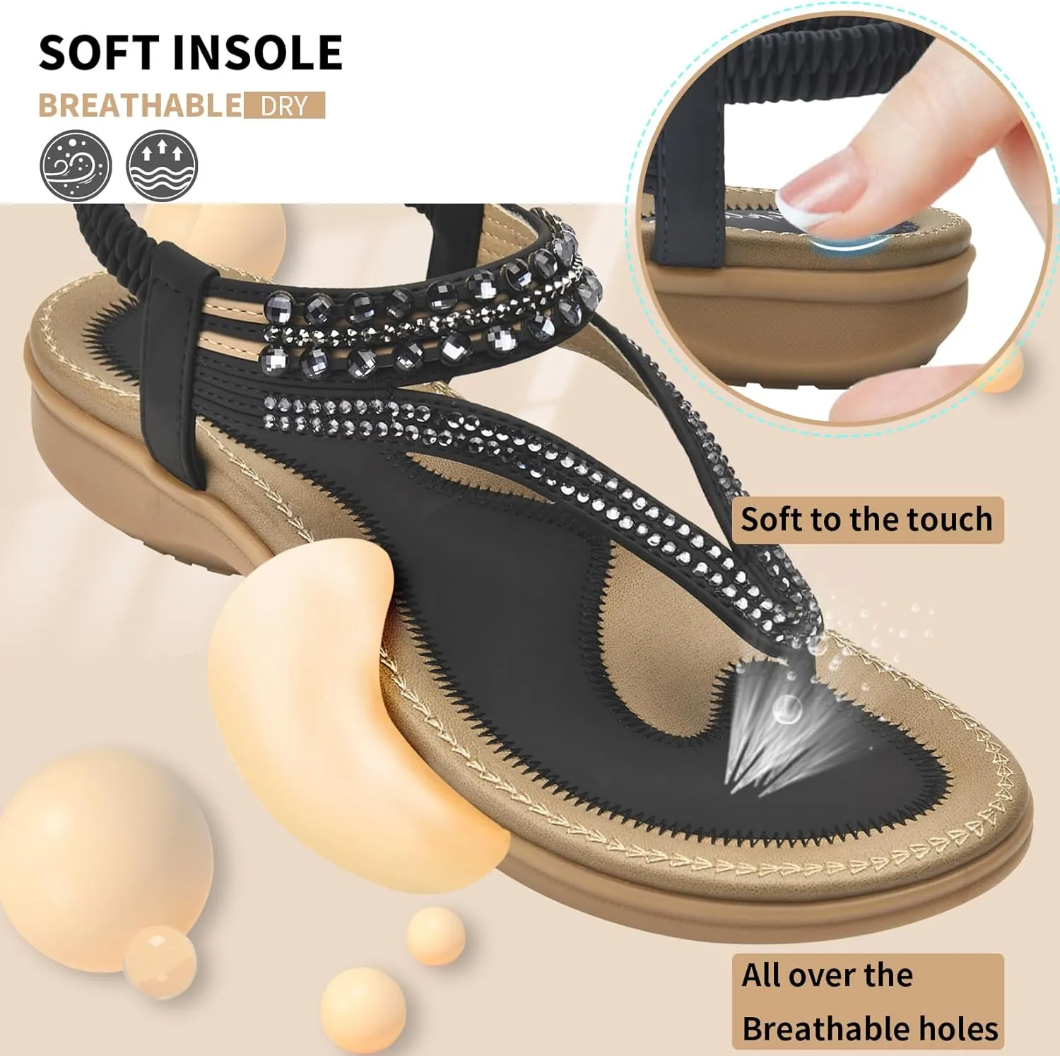 Littleplum Womens Sandals Arch Support Slingback Rhinestone Dressy Sandals Comfort Summer Shoes Ankle Strap Elastic Flats for Beach Walking