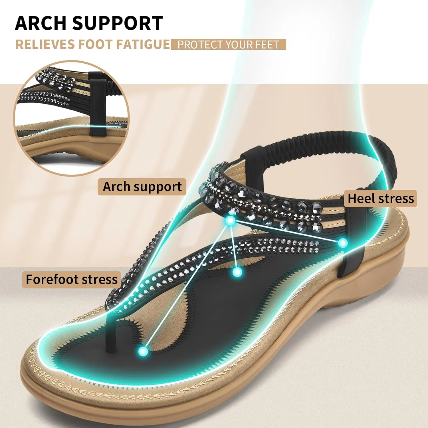 Littleplum Womens Sandals Arch Support Slingback Rhinestone Dressy Sandals Comfort Summer Shoes Ankle Strap Elastic Flats for Beach Walking