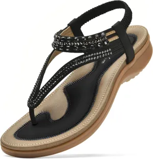 Littleplum Womens Sandals Arch Support Slingback Rhinestone Dressy Sandals Comfort Summer Shoes Ankle Strap Elastic Flats for Beach Walking