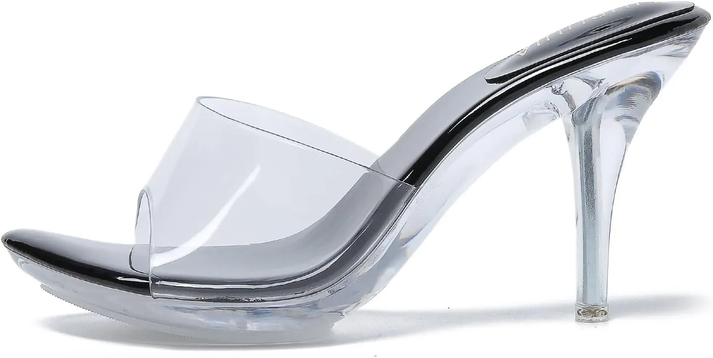 LIURUIJIA Clear Heels For Women Sexy Slip On Open Toe High Heeled Dressy Sandals Comfortable Strappy Mules