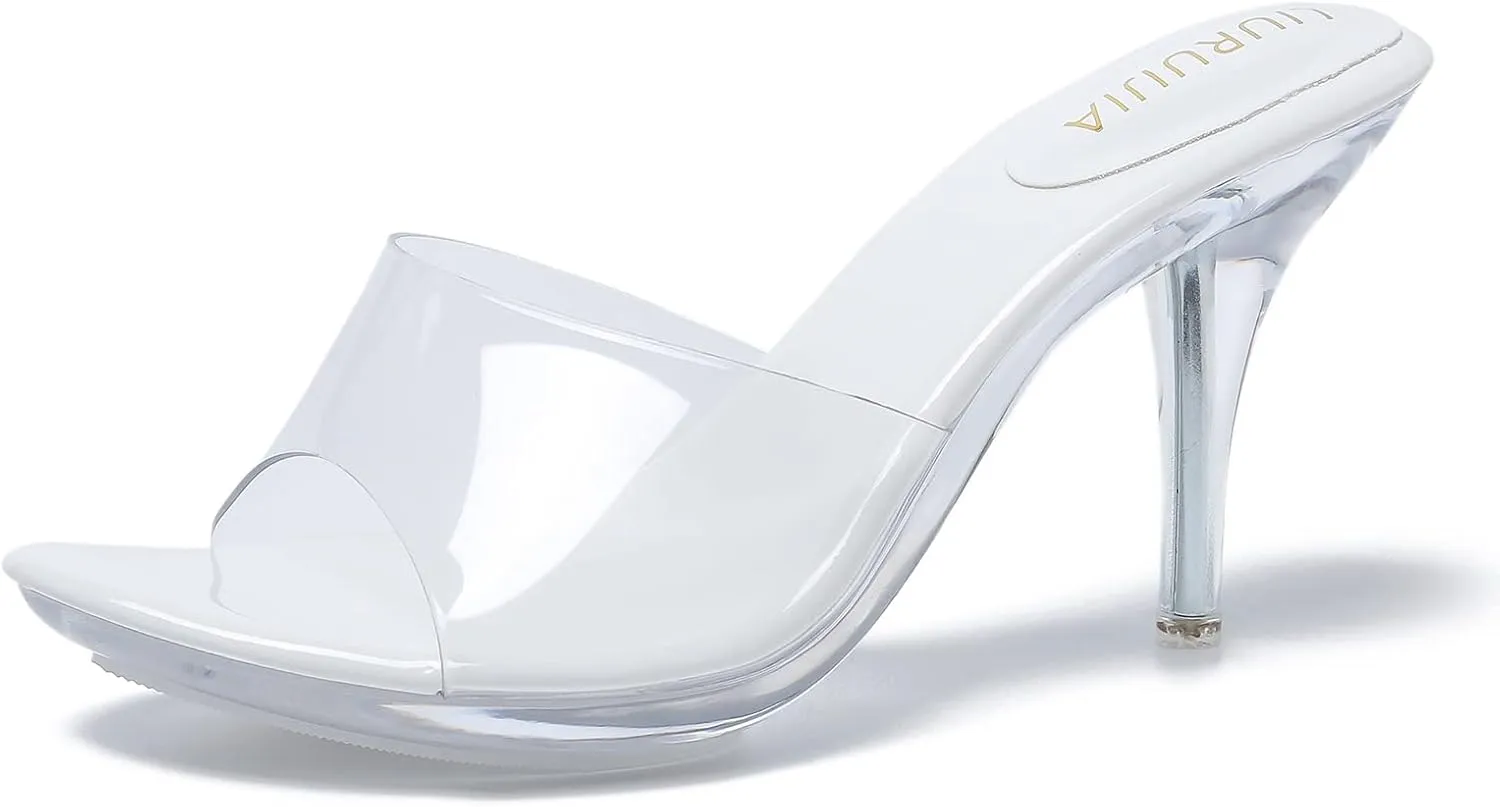 LIURUIJIA Clear Heels For Women Sexy Slip On Open Toe High Heeled Dressy Sandals Comfortable Strappy Mules