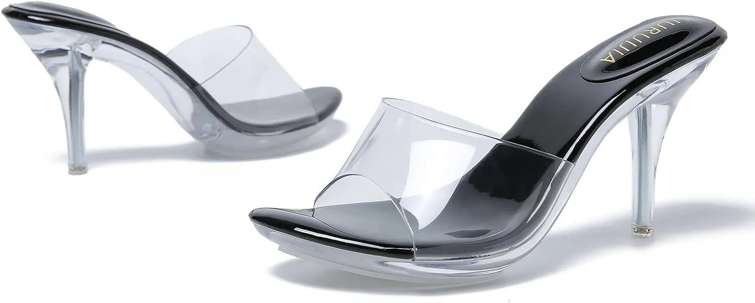 LIURUIJIA Clear Heels For Women Sexy Slip On Open Toe High Heeled Dressy Sandals Comfortable Strappy Mules