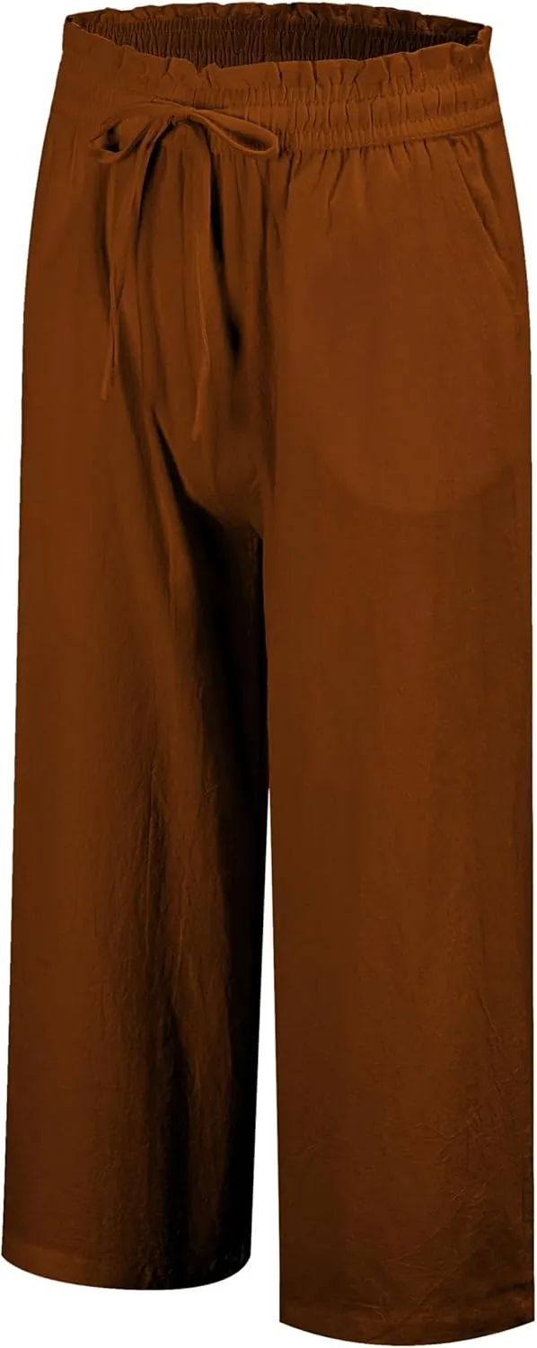 LNX Womens Linen Pants High Waisted Wide Leg Drawstring Casual Loose Trousers with Pockets