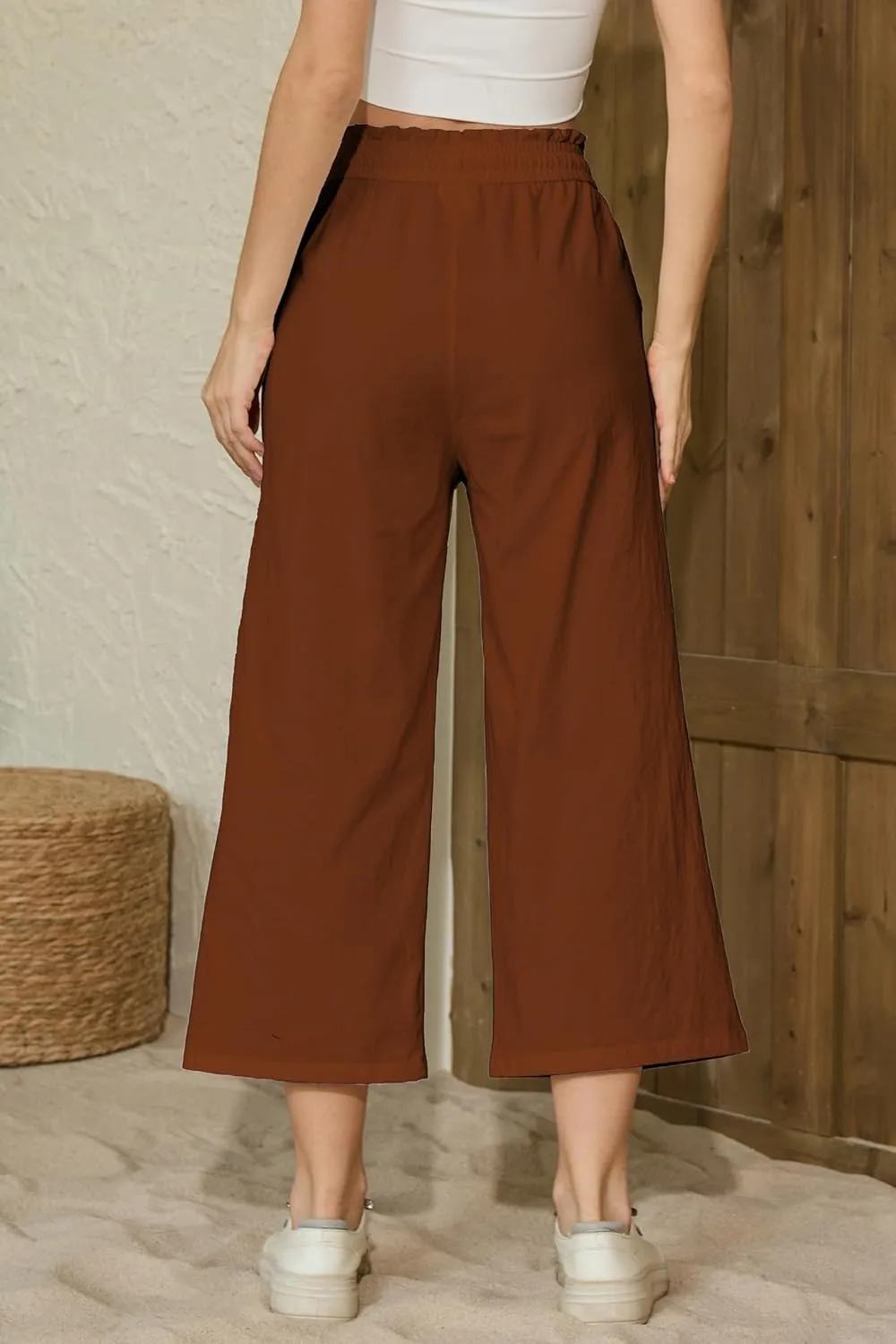 LNX Womens Linen Pants High Waisted Wide Leg Drawstring Casual Loose Trousers with Pockets