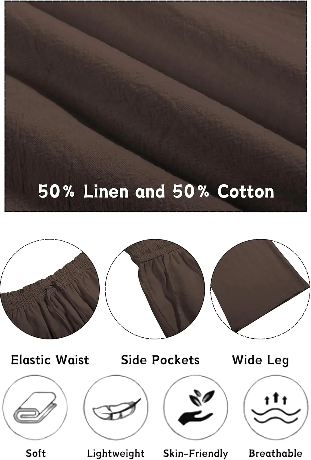 LNX Womens Linen Pants High Waisted Wide Leg Drawstring Casual Loose Trousers with Pockets