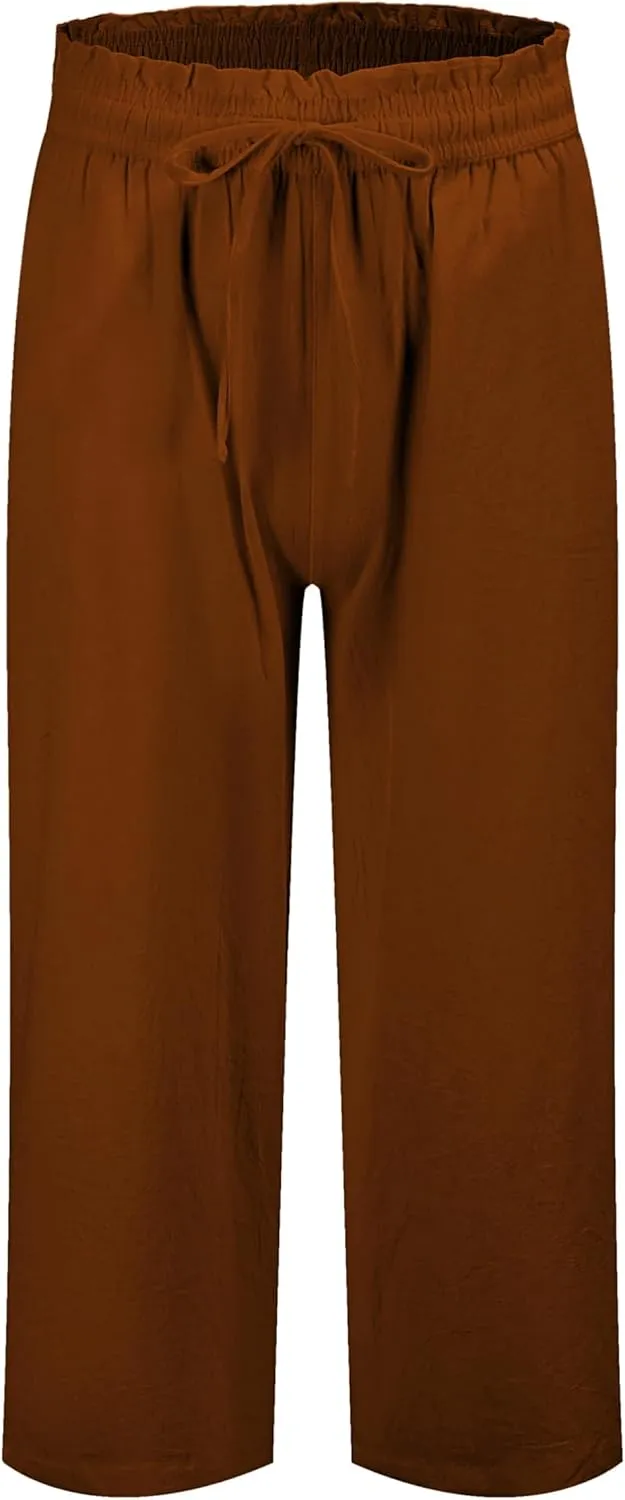 LNX Womens Linen Pants High Waisted Wide Leg Drawstring Casual Loose Trousers with Pockets