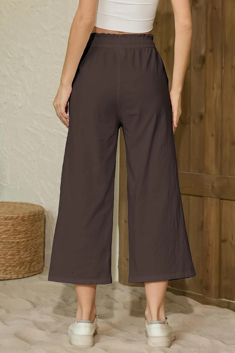 LNX Womens Linen Pants High Waisted Wide Leg Drawstring Casual Loose Trousers with Pockets