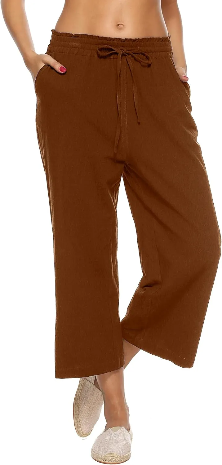 LNX Womens Linen Pants High Waisted Wide Leg Drawstring Casual Loose Trousers with Pockets