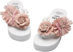 Loizziuy Pink Floral Slippers Summer Women's Sandals Elevated Heels Thick-Soled Platform Handcrafted Flower Decor for The Beach