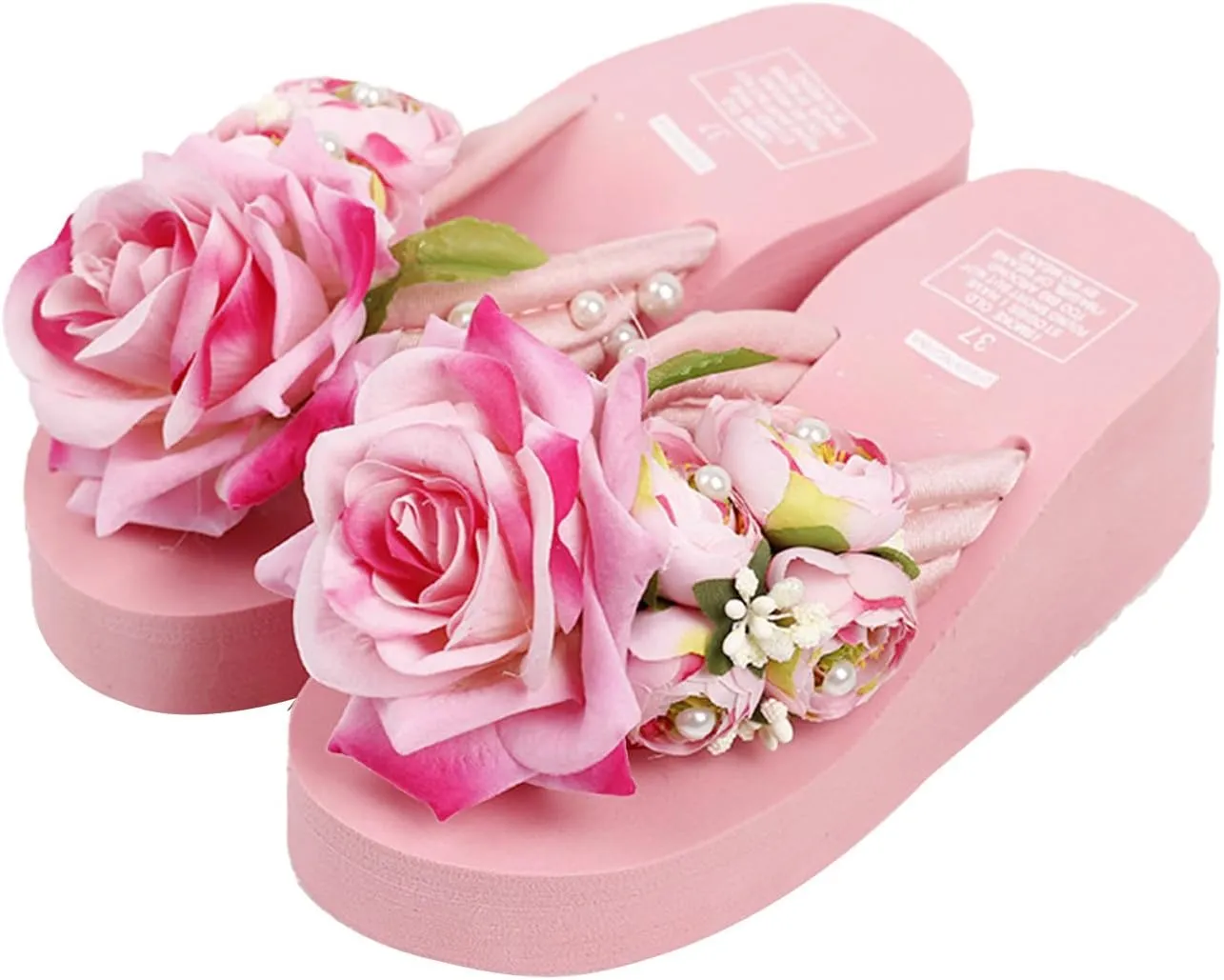 Loizziuy Pink Floral Slippers Summer Women's Sandals Elevated Heels Thick-Soled Platform Handcrafted Flower Decor for The Beach