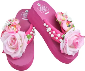 Loizziuy Pink Floral Slippers Summer Women's Sandals Elevated Heels Thick-Soled Platform Handcrafted Flower Decor for The Beach