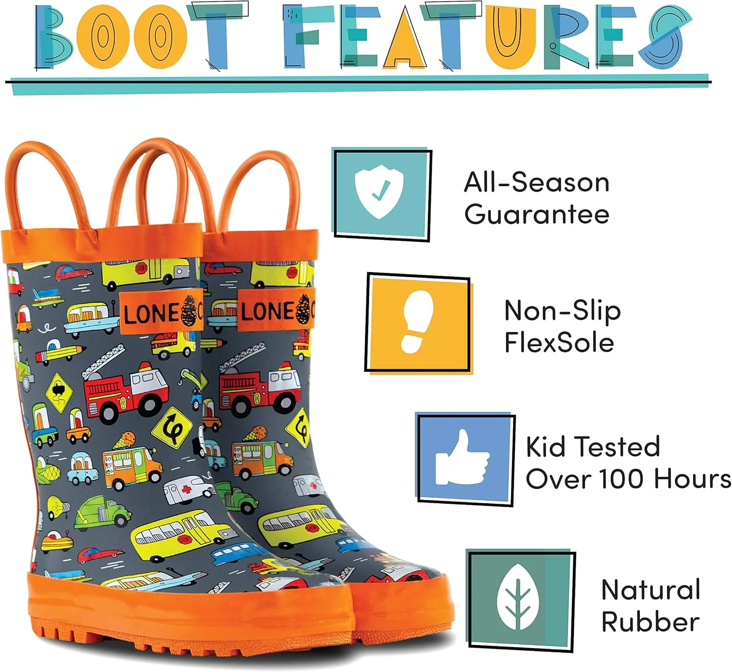 Lone Cone Kids Rain Boots for Girls & Boys – Waterproof Natural Rubber Toddler Rain Boots with Non-Slip Outsole & Easy Pull Handles – Solid, Pattern & Glitter Designs
