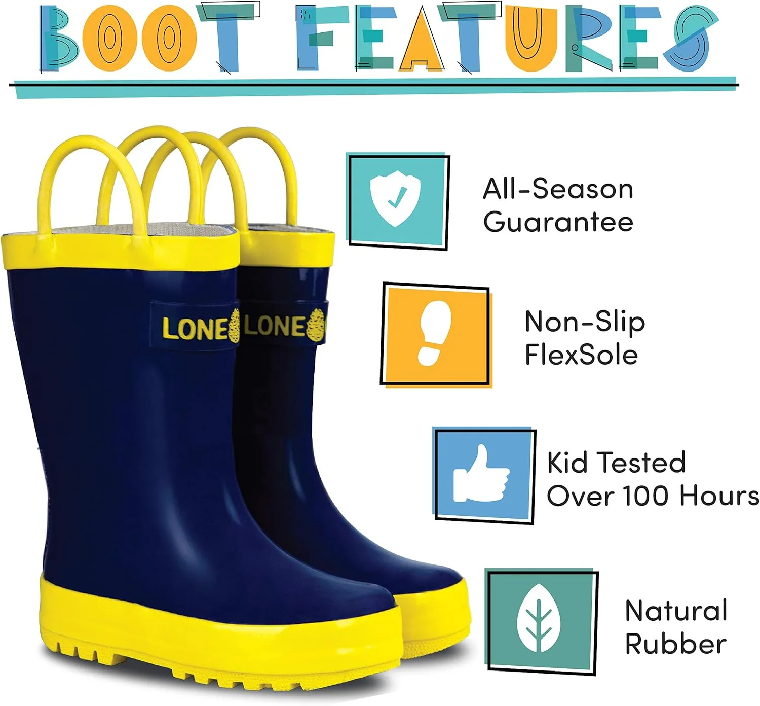 Lone Cone Kids Rain Boots for Girls & Boys – Waterproof Natural Rubber Toddler Rain Boots with Non-Slip Outsole & Easy Pull Handles – Solid, Pattern & Glitter Designs