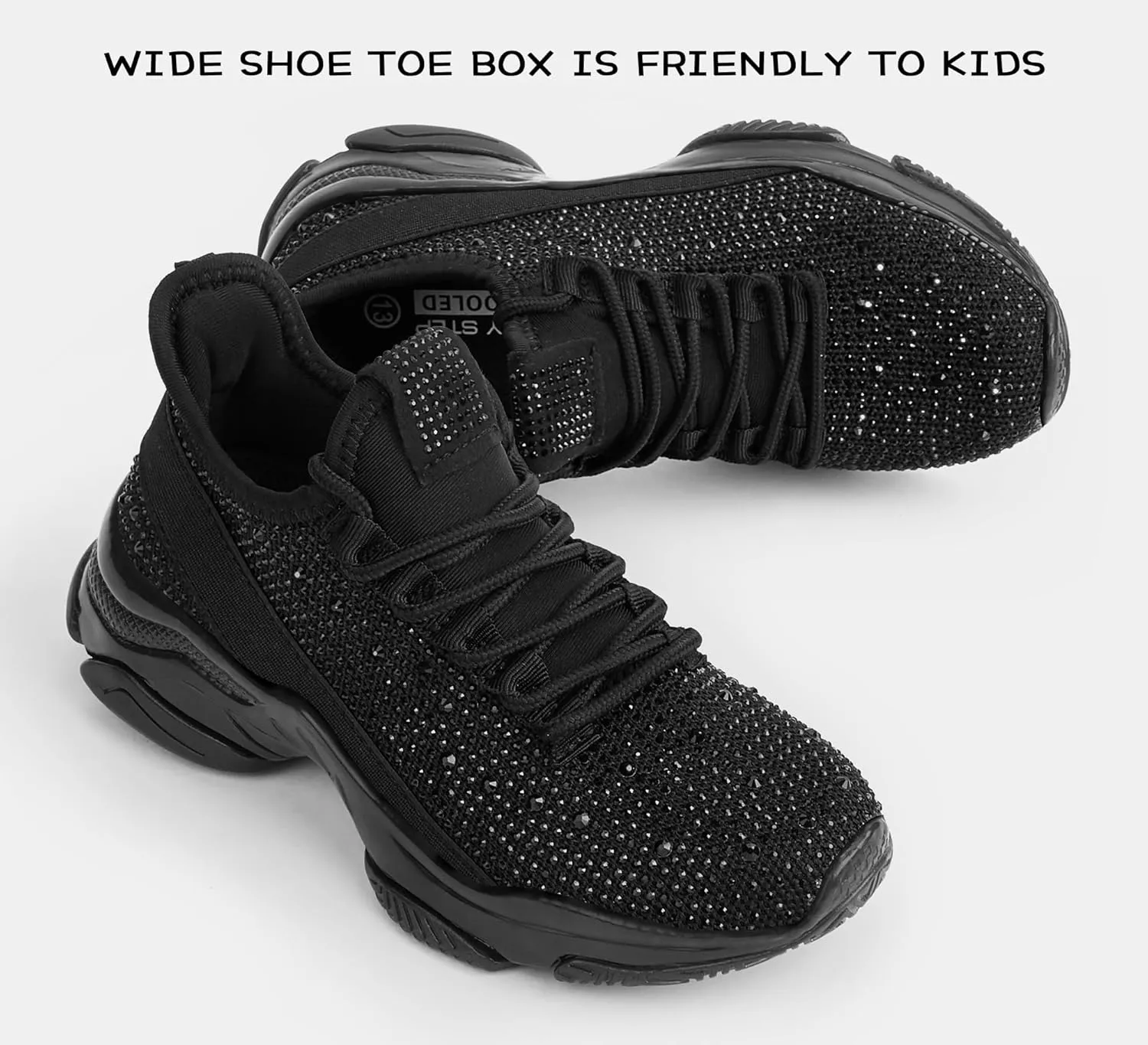 LUCKY STEP Girls Rhinestone Slip On Sneakers Kids Sparkly Lightweight Tennis School Knit Jelly Sole Glitter Walking Shoes Toddler