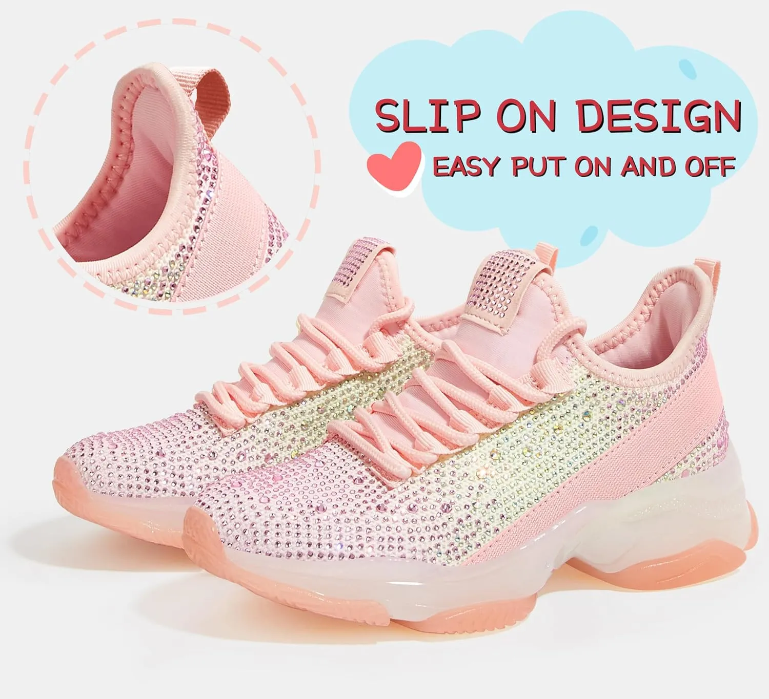 LUCKY STEP Girls Rhinestone Slip On Sneakers Kids Sparkly Lightweight Tennis School Knit Jelly Sole Glitter Walking Shoes Toddler