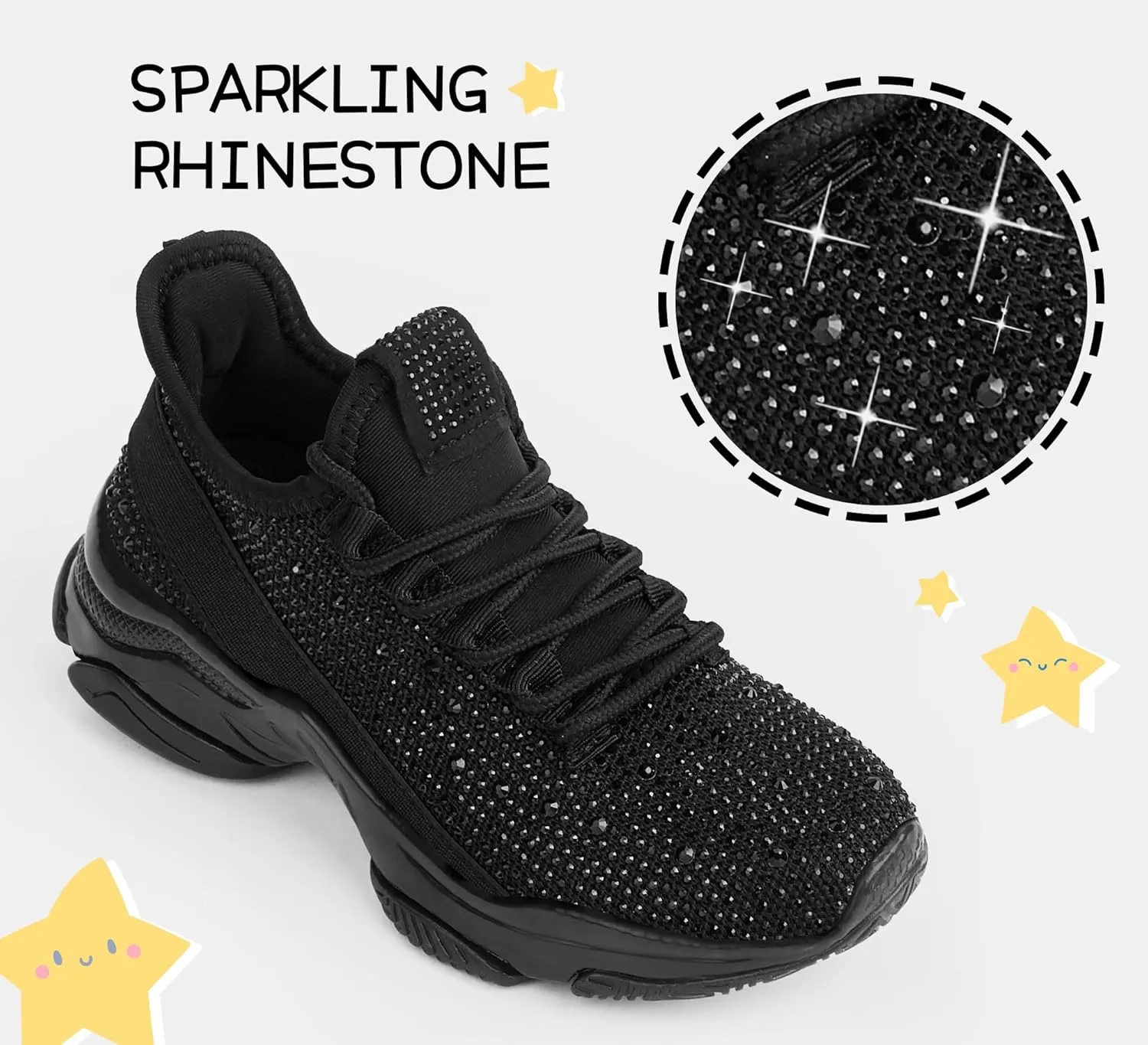 LUCKY STEP Girls Rhinestone Slip On Sneakers Kids Sparkly Lightweight Tennis School Knit Jelly Sole Glitter Walking Shoes Toddler