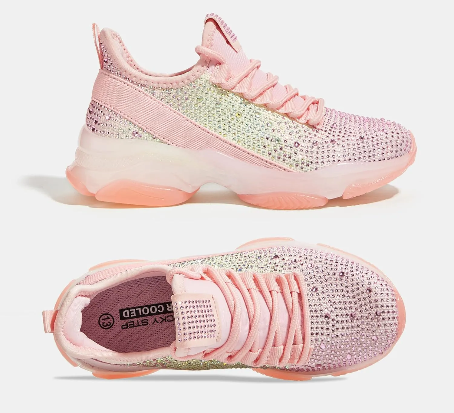LUCKY STEP Girls Rhinestone Slip On Sneakers Kids Sparkly Lightweight Tennis School Knit Jelly Sole Glitter Walking Shoes Toddler
