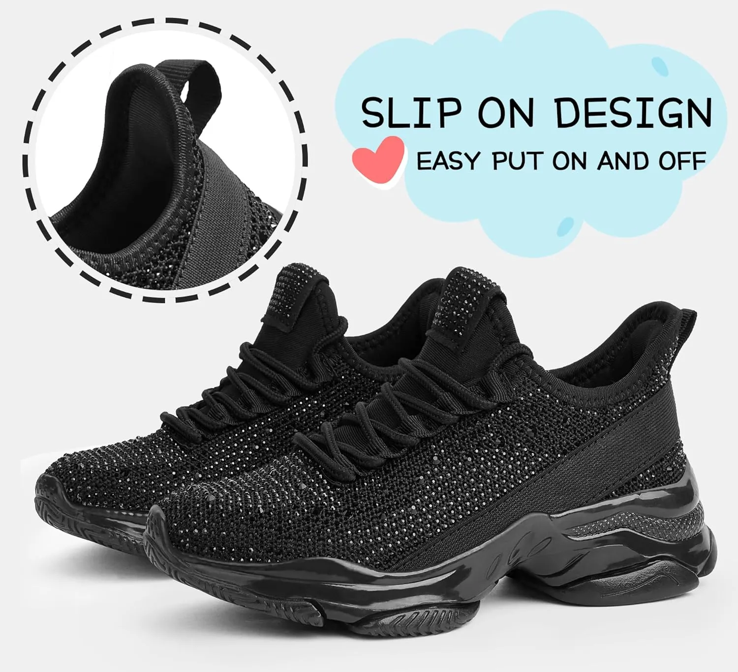 LUCKY STEP Girls Rhinestone Slip On Sneakers Kids Sparkly Lightweight Tennis School Knit Jelly Sole Glitter Walking Shoes Toddler