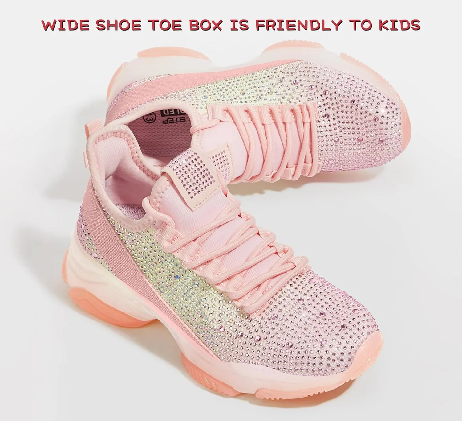 LUCKY STEP Girls Rhinestone Slip On Sneakers Kids Sparkly Lightweight Tennis School Knit Jelly Sole Glitter Walking Shoes Toddler