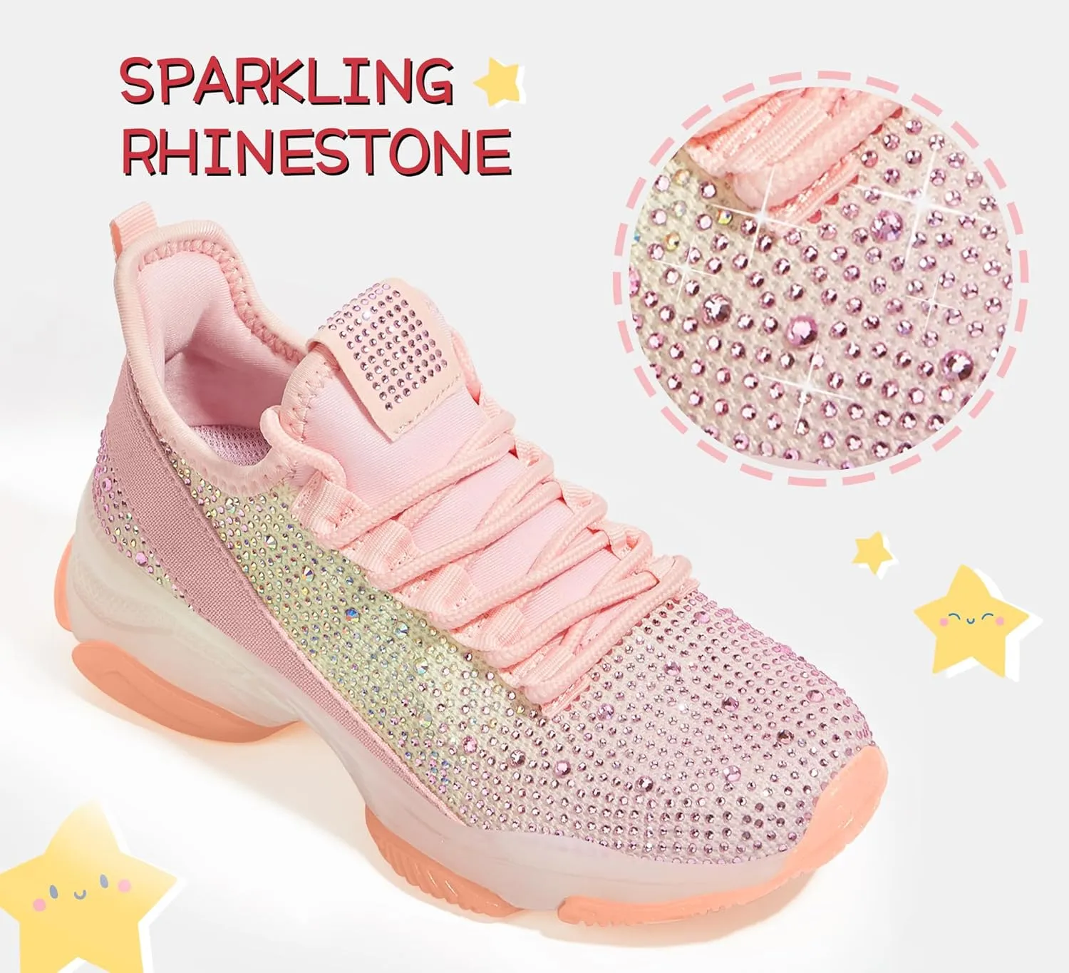 LUCKY STEP Girls Rhinestone Slip On Sneakers Kids Sparkly Lightweight Tennis School Knit Jelly Sole Glitter Walking Shoes Toddler