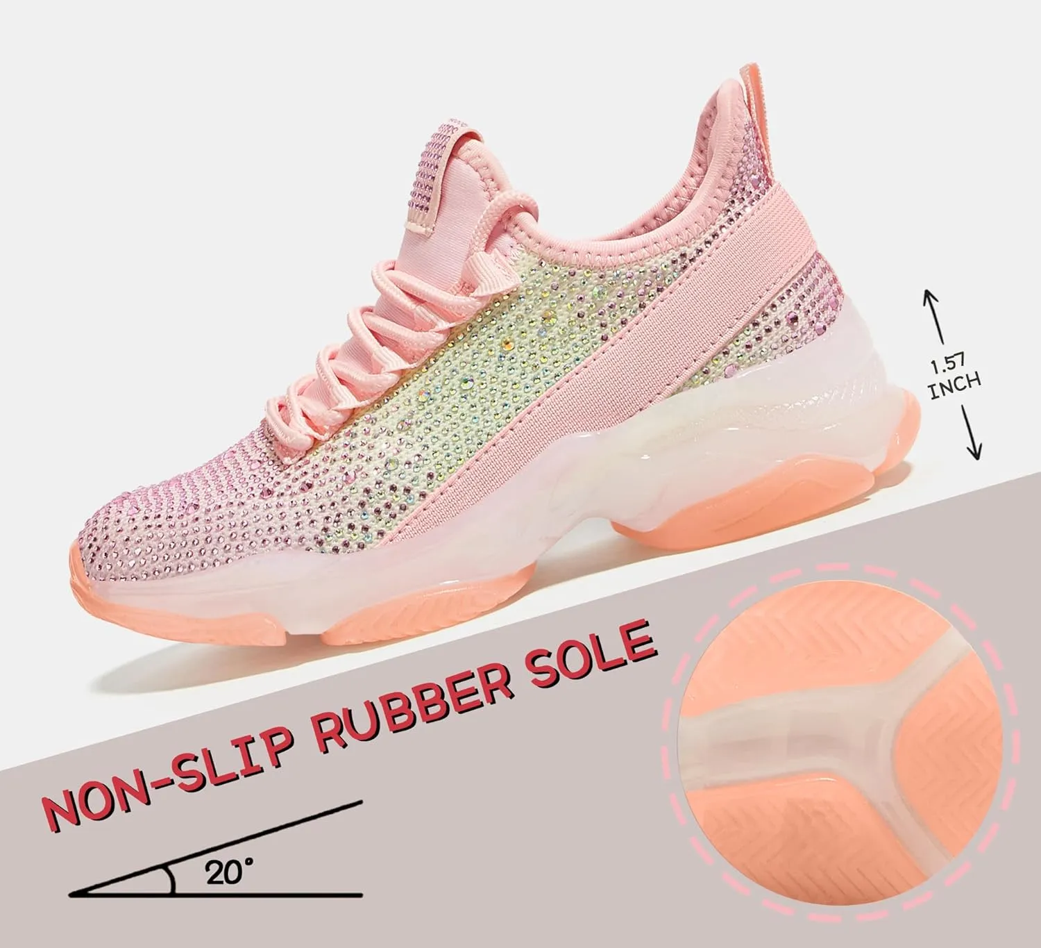 LUCKY STEP Girls Rhinestone Slip On Sneakers Kids Sparkly Lightweight Tennis School Knit Jelly Sole Glitter Walking Shoes Toddler