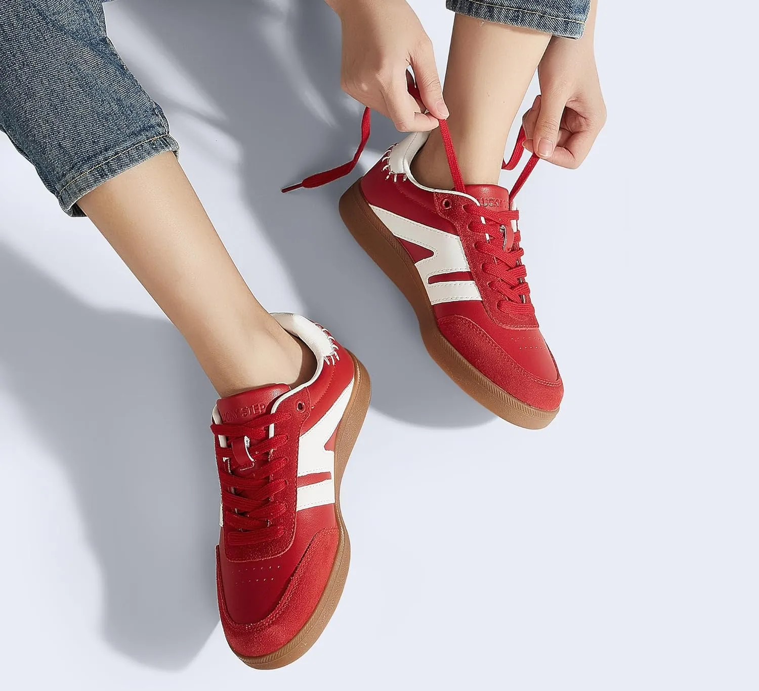 LUCKY STEP Women Classic Retro Gum Sole Fashion Sneakers Casual Tennis Skate Shoe Genuine Leather Walking Footwear Anti Slip Trainers