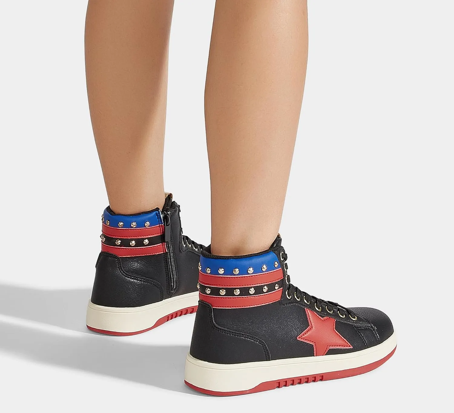 LUCKY STEP Women High Top Fashion Glitter Star Sneakers Retro Zipper Ankle Boots Basketball Tennis Casual Faux Leather Walking Shoes