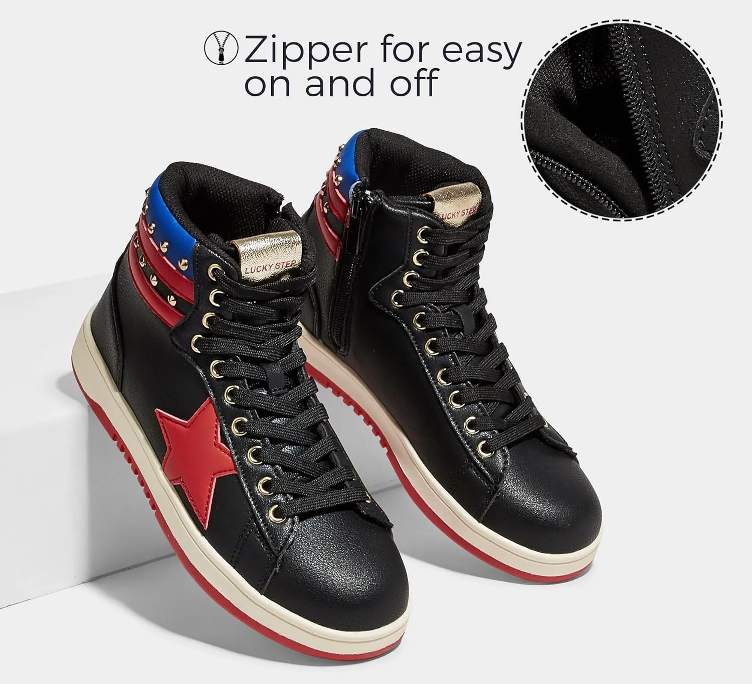 LUCKY STEP Women High Top Fashion Glitter Star Sneakers Retro Zipper Ankle Boots Basketball Tennis Casual Faux Leather Walking Shoes