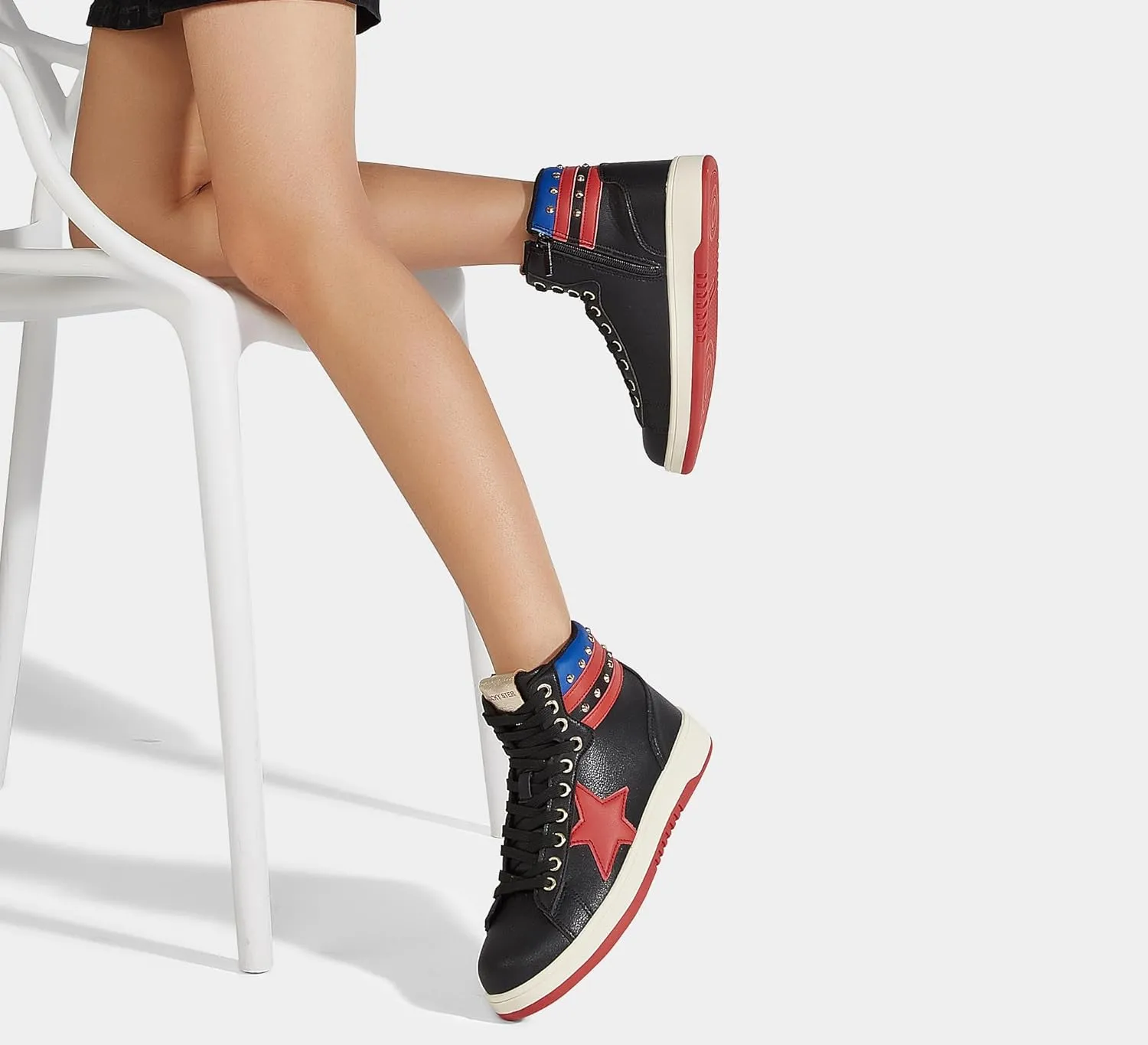 LUCKY STEP Women High Top Fashion Glitter Star Sneakers Retro Zipper Ankle Boots Basketball Tennis Casual Faux Leather Walking Shoes